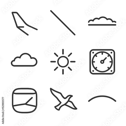 Aerial Horizon Icons. Outline icon set of aerial horizon views: airplane wing tip, contrail streak, cloud layer edge,