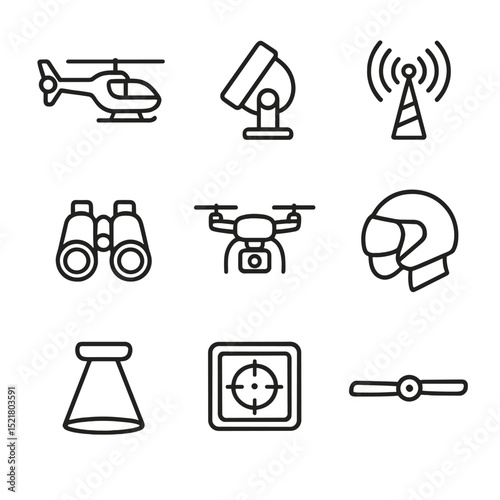 Aerial Support Icons. Outline icon set of aerial support unit: police helicopter, spotlight, radio antenna, binoculars, camera