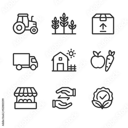 Agricultural Icon Set. Outline icon set of agricultural supply chain: tractor, crops, packaging, truck, farm, produce, market,