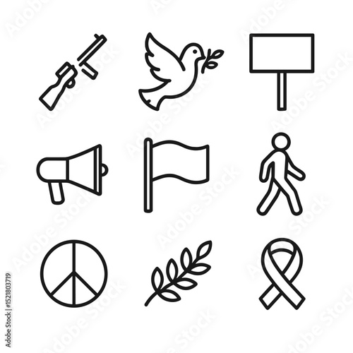 Anti-War Icons Collection. Outline icon set of anti-war demonstration: broken rifle, peace dove, protest sign, megaphone, white