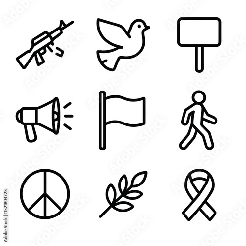 Anti-War Icons Collection. Outline icon set of anti-war demonstration: broken rifle, peace dove, protest sign, megaphone, white
