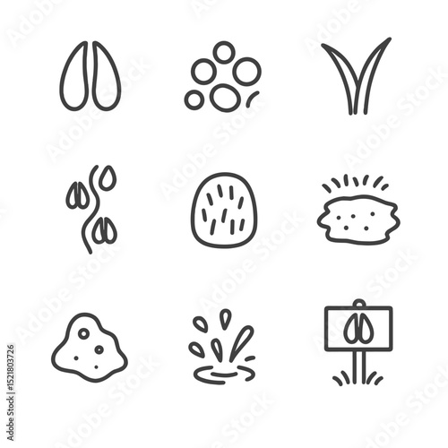 Antelope Tracks Icons. Outline icon set of antelope tracks and signs: hoof print, dung pile, grazing bite mark, trail path, rub