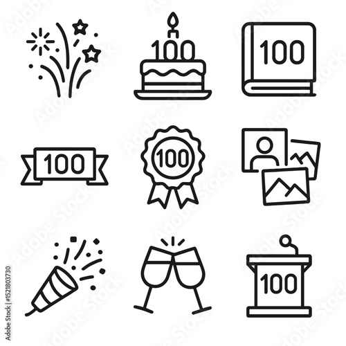 Anniversary Icon Set. Outline icon set of hundredth anniversary celebrations: fireworks, commemorative cake, timeline banner,
