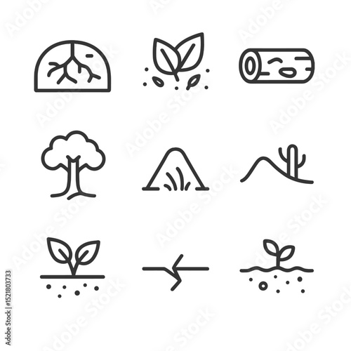 Ant Habitat Icons. Outline icon set of ant habitats: underground tunnel, leaf litter, rotting log, tree canopy, grassland mound,