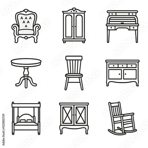 Antique Furniture Icons. Outline icon set of antique furniture pieces: ornate armchair, Victorian wardrobe, roll-top desk,
