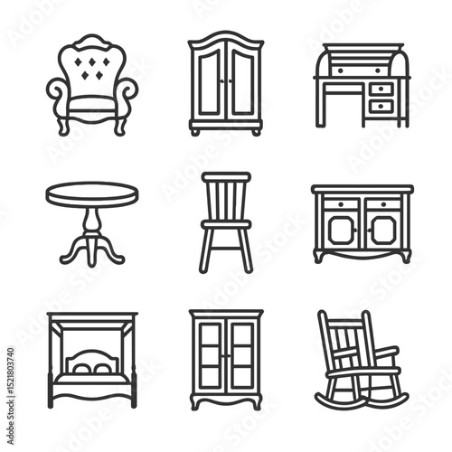 Antique Furniture Icons. Outline icon set of antique furniture pieces: ornate armchair, Victorian wardrobe, roll-top desk,