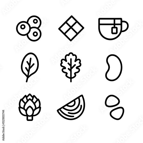 Antioxidant Food Icons. Outline icon set of antioxidant-rich foods: blueberries, dark chocolate square, green tea cup, spinach