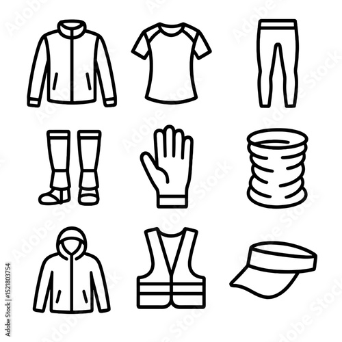 Apparel Line Icons. Outline icon set of clothing and protective apparel: lightweight jacket, moisture-wicking shirt, running