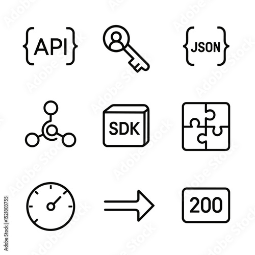 API Integration Icons. Outline icon set of API and third-party integrations: API endpoint bracket, developer key, JSON payload,