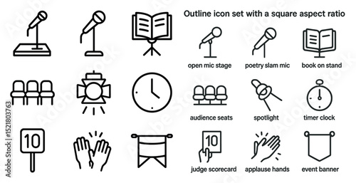 Icon set illustrating open mic stage elements for event design