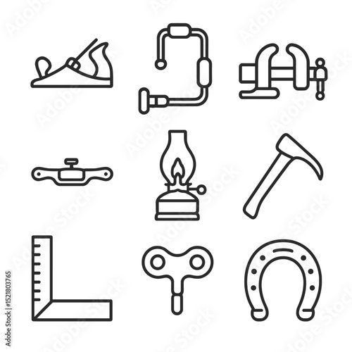 Antique Tool Icons. Outline icon set of antique tools and hardware: hand plane, brace and bit, cast-iron vise, spokeshave, oil