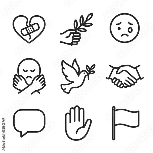 Apology Icon Set. Outline icon set of apology and forgiveness: broken heart bandage, outstretched olive branch, tearful face, hug