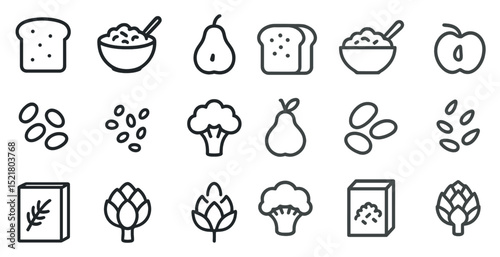 Healthy food icons set: bread, fruits, vegetables, grains in line art style