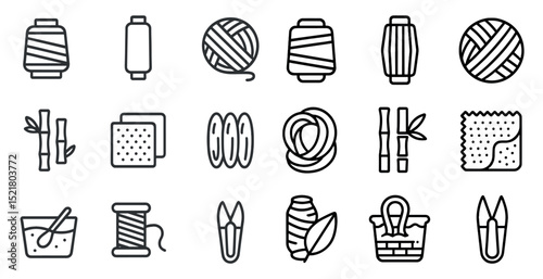 Collection of textile icons featuring yarn, fabric, and sewing tools