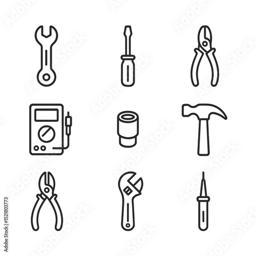 Appliance Repair Tools Icons. Outline icon set of appliance repair tools: wrench, screwdriver, pliers, multimeter, socket, hammer,