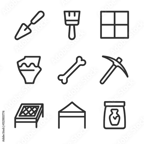 Archaeology Icon Set. Outline icon set of archaeological digs: trowel, brush, grid square, pottery shard, skeletal bone, pickaxe,