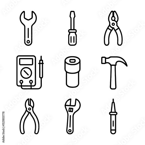 Appliance Repair Tools Icons. Outline icon set of appliance repair tools: wrench, screwdriver, pliers, multimeter, socket, hammer,