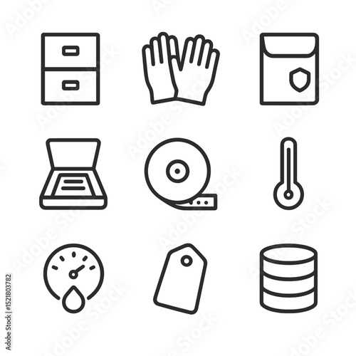 Archival Preservation Icons. Outline icon set of archival preservation: file cabinet, preservation gloves, acid-free folder,