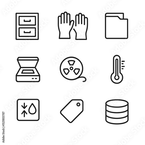 Archival Preservation Icons. Outline icon set of archival preservation: file cabinet, preservation gloves, acid-free folder,