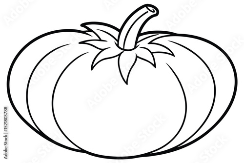 Simple Black and White Illustration of a Round Tomato with Stem and Leaves