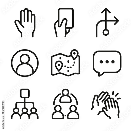 Audience Participation Icons. Outline icon set of audience participation tales: raised hand icon, voting card, choice arrow,