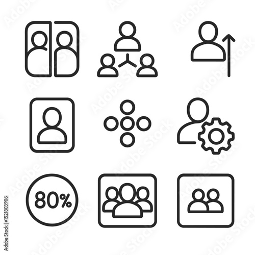 Audience Creation Icons. Outline icon set of lookalike audience creation: mirror silhouettes, similarity network, seed audience,