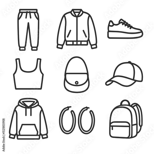 Athleisure Icon Set. Outline icon set of athleisure-to-evening transitions: jogger pant, bomber jacket, platform sneaker, crop top