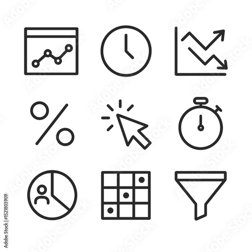 Audience Analytics Icons. Outline icon set of audience analytics metrics: pageviews graph, time-on-page clock, bounce rate arrow,