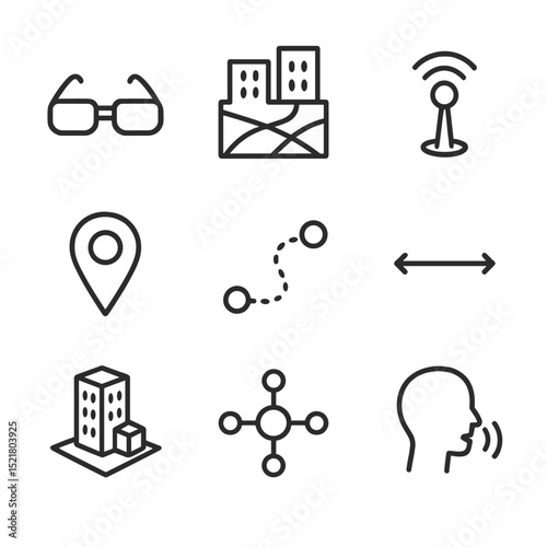 Augmented Reality Icon Set. Outline icon set of augmented reality city navigation: AR glasses, map overlay, beacon transmitter,