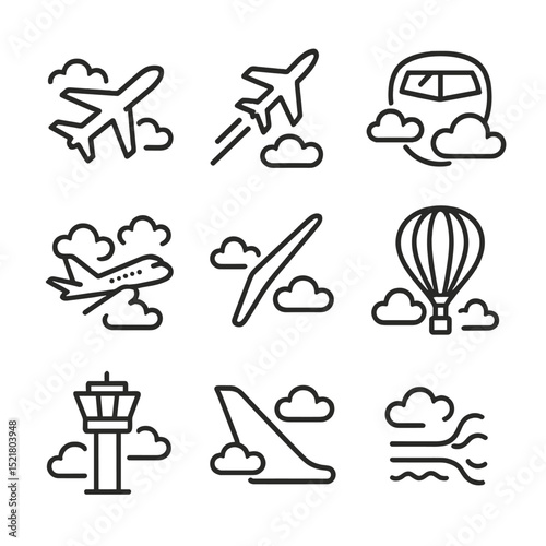 Aviation Icon Set. Outline icon set of aviation through clouds: airplane silhouette, jet contrail, cockpit window, passenger plane