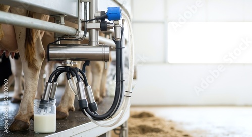 Automated milking equipment attached to cow udder with stainless steel machinery. Modern dairy technology system collecting fresh milk. Industrial farming concept