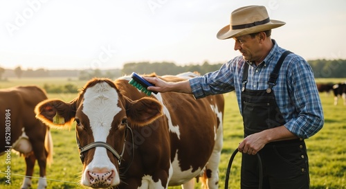 Farmer man feeding brown white cow with green bottle in pasture field. Straw hat and plaid shirt caring livestock at sunset. Animal husbandry concept