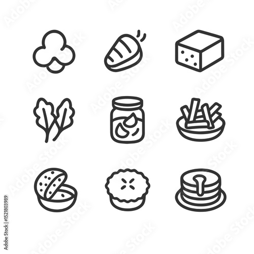 Bacon Fat Icon Set. Outline icon set of bacon fat reuse ideas: popcorn kernel, roasted vegetable, cornbread slice, sautéed greens,