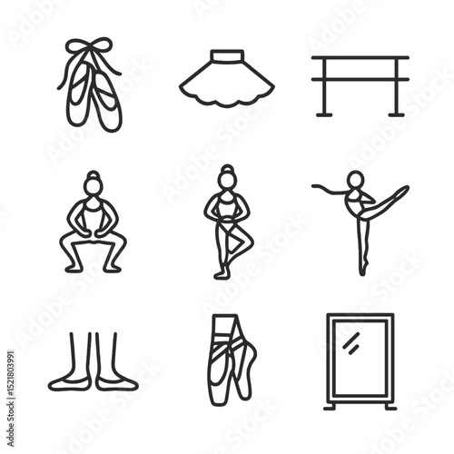 Ballet Icon Grid. Outline icon set of ballet fundamentals: ballet slippers, tutu, barre, plié pose, relevé stance, arabesque line,