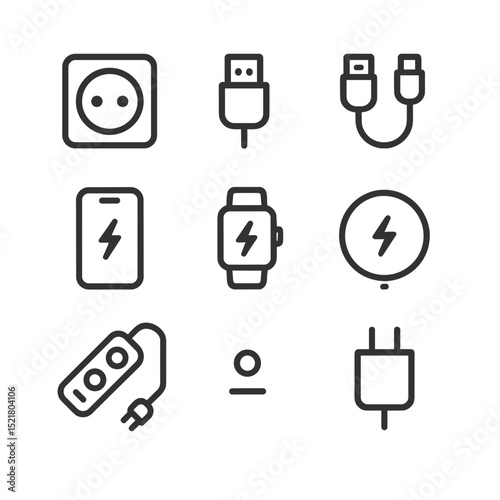 Bedside Charging Icons. Outline icon set of bedside charging station: power outlet, USB port, cable, smartphone, smartwatch,