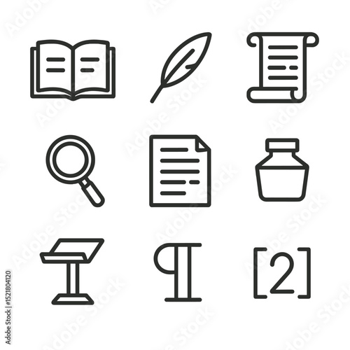 Biblical Icon Set. Outline icon set of biblical scholarship: open Bible, quill pen, scroll, magnifying glass, manuscript, ink
