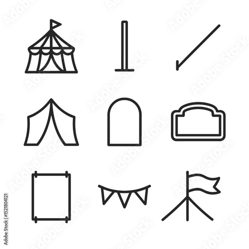 Big Top Icons. Outline icon set of big top tent structure: striped canopy, center support pole, guy rope, tent flap, entrance arch