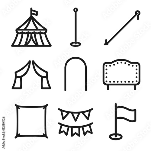 Big Top Icons. Outline icon set of big top tent structure: striped canopy, center support pole, guy rope, tent flap, entrance arch
