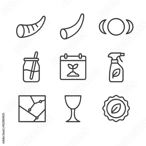 Biodynamic Farming Icons Grid. Outline icon set of biodynamic farming methods: horn manure prep, horn silica prep, lunar calendar,