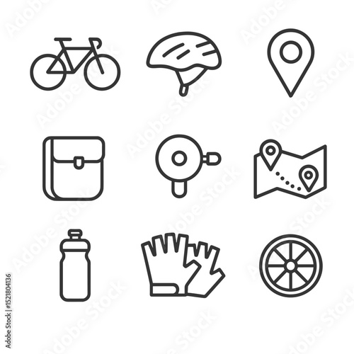 Bike Tour Icons. Outline icon set of bike sightseeing tour: bicycle, helmet, map pin, pannier bag, bell, route map, water bottle,