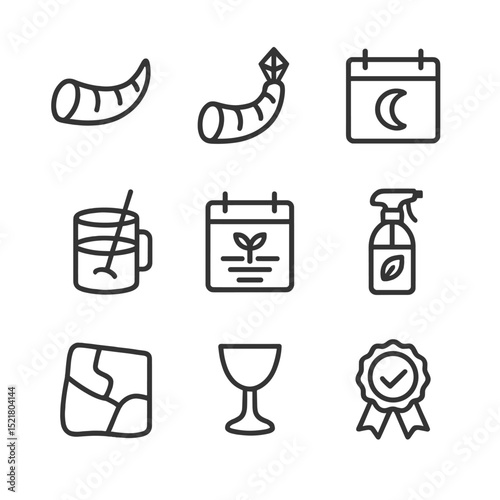 Biodynamic Farming Icons Grid. Outline icon set of biodynamic farming methods: horn manure prep, horn silica prep, lunar calendar,