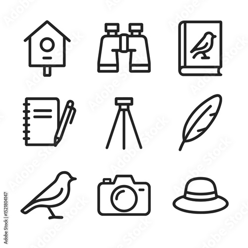 Birdwatching Essentials Icons. Outline icon set of birdwatching retreats: birdhouse, binoculars, field guide book, notebook and