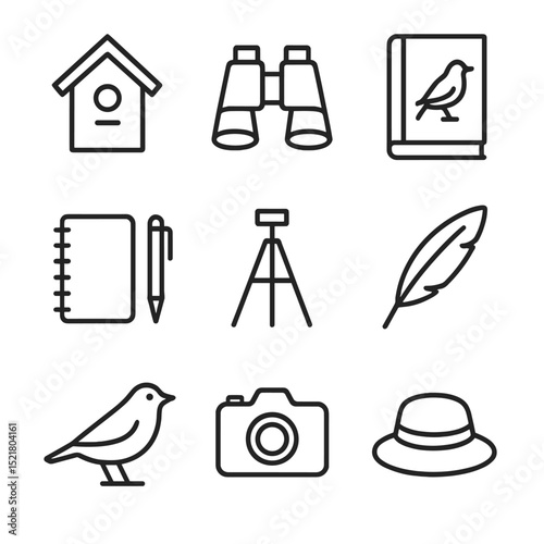 Birdwatching Essentials Icons. Outline icon set of birdwatching retreats: birdhouse, binoculars, field guide book, notebook and