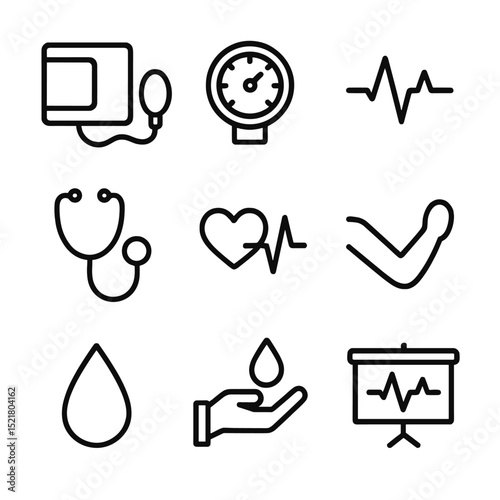 Blood Pressure Icon Set. Outline icon set of blood pressure monitoring: sphygmomanometer cuff, gauge dial, heartbeat line,