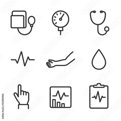 Blood Pressure Icon Set. Outline icon set of blood pressure monitoring: sphygmomanometer cuff, gauge dial, heartbeat line,