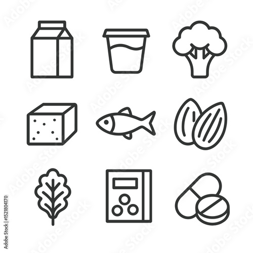 Bone Nutrient Icons. Outline icon set of bone-strengthening nutrients: milk carton, yogurt pot, broccoli floret, tofu block,