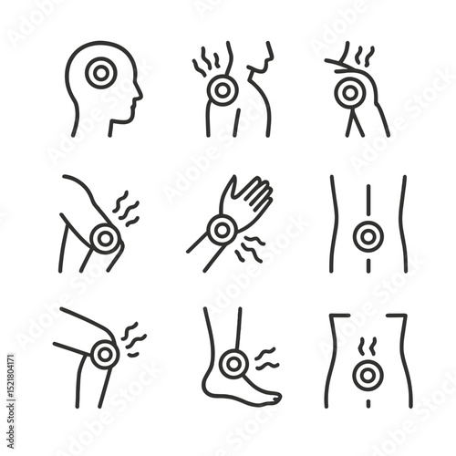 Body Pain Icon Set. Outline icon set of body pain areas: head, neck, shoulder, elbow, wrist, lower back, knee, ankle, abdomen.