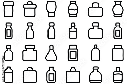 Set of 30 outline icons related to bottles. Vector illustration. Editable stroke. Linear icon collection. Collection of Hand-Drawn Beverage and Food Container Icons.