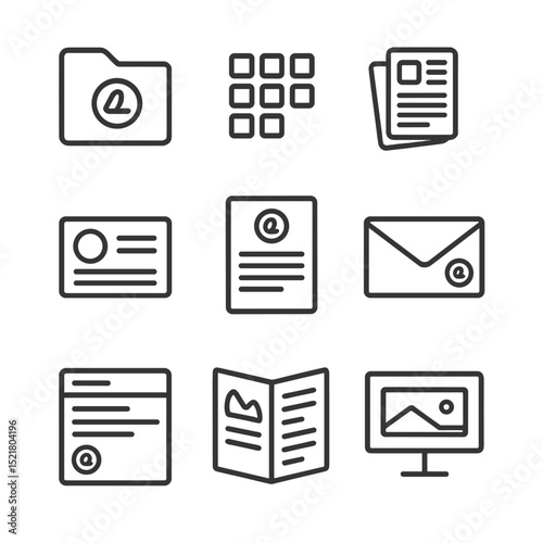 Brand Assets Icon Set. Outline icon set of brand assets library: logo files folder, icon pack, social media templates, business