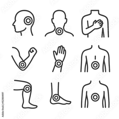 Body Pain Icon Set. Outline icon set of body pain areas: head, neck, shoulder, elbow, wrist, lower back, knee, ankle, abdomen.